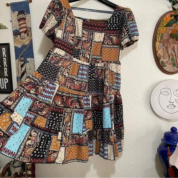 Women’s SHEIN curve breezaya XL Patchwork Print Dress grunge square neck - Picture 7 of 7